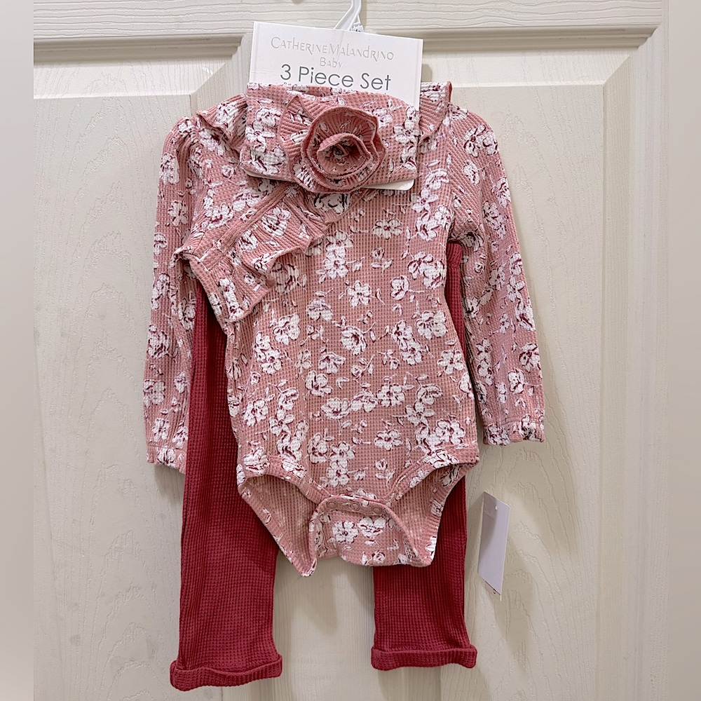3pc Catherine Malandrino set blush/maroon 6/9 mos outfit